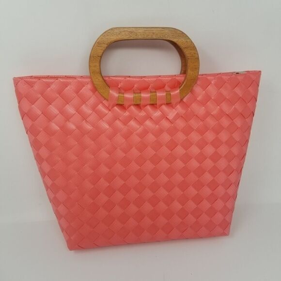 Orange Ribbon Woven Tote Bag with Wooden Handle - Picture 1 of 10